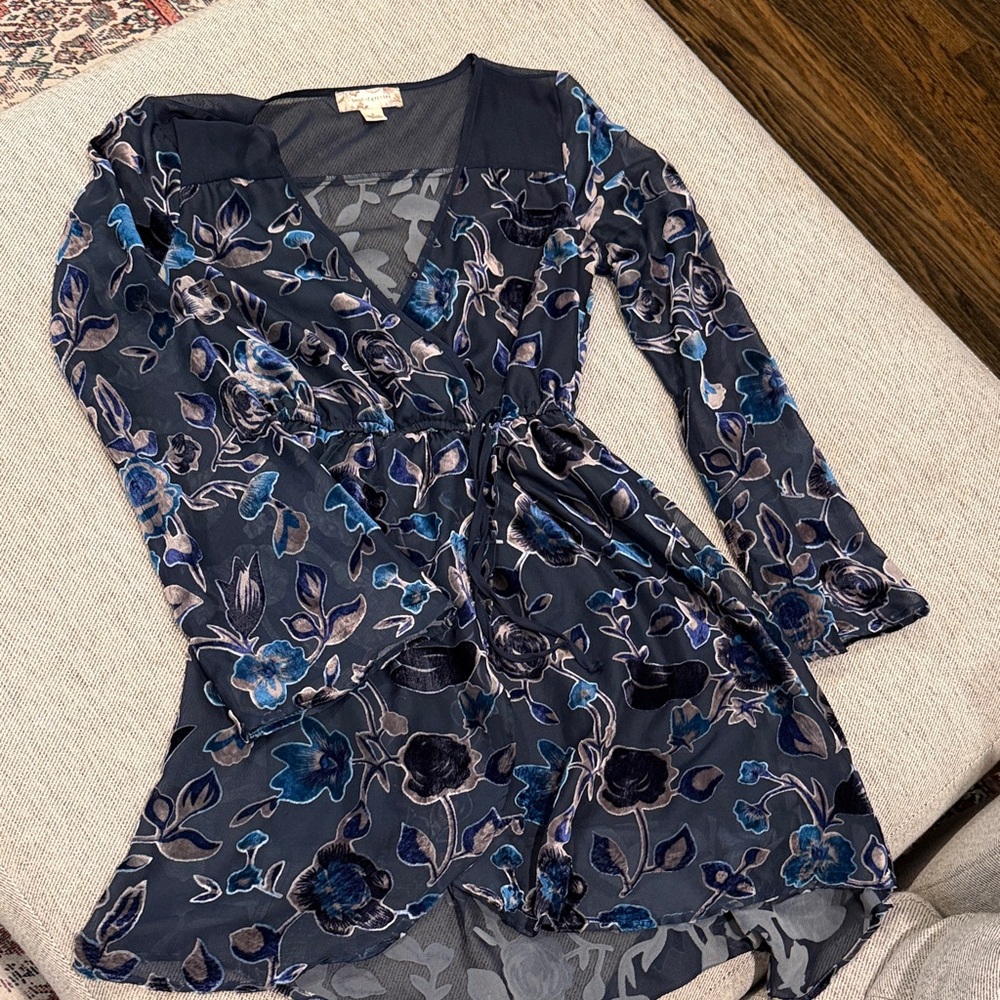 Band of Gypsies Navy Floral Velvet Burnout Wrap Dress